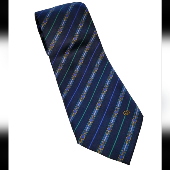 Vintage Gucci Tie Horsebit Stripes 1980's tag Logo Navy Blue - Picture 1 of 7